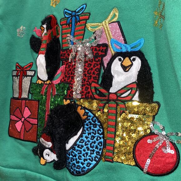 Girl Sz 7 Small Christmas Penguin Holiday Sweatshirt Festive Sequin Winter Fall - Picture 2 of 10